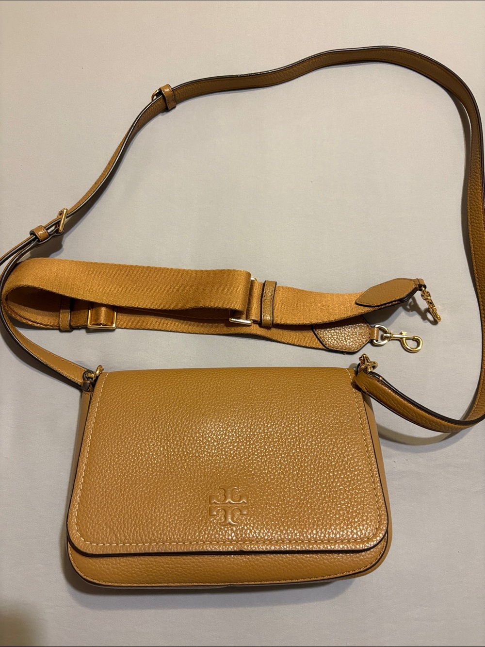 Tory Burch Camel/Tan Pebbled Leather Crossbody with Wide Strap